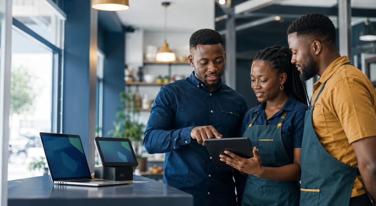 Ghanaian business team connecting digital workflows